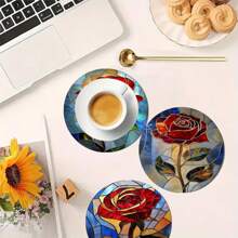 4pcs Natural Vibrant Floral Pattern Themed Wooden Anti-Slip, Heat-Resistant, Protective Table Mats, Suitable For Library Decor Or Theme Party