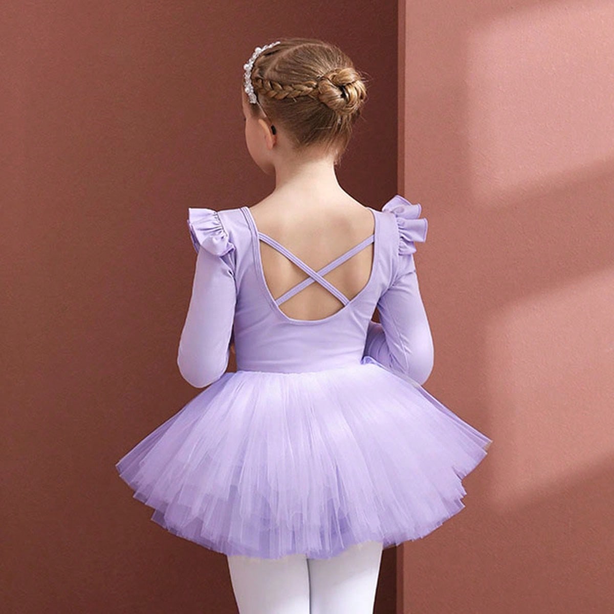 Vestido de ballet de manga larga con espalda hueca de color púrpura para niña, leotardo con falda de malla abultada, disfraz de danza para niños