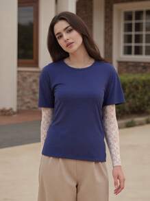 Women's Spring One Piece Y2K Casual Tops Long Sleeve Round Neck Lace Sleeve Patchwork Streetwear T-Shirt