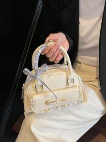 新款韩版小众芭蕾舞风格蕾丝保龄球包，时尚甜美百搭斜挎包 - 米色 - 查看 6