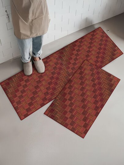 1 יחידה/2 יחידות שטיחי מטבח משטחי קטיפה, רכים ונוחים, מוסיף מגע אלגנטי, דפוס דמוי בד אדום, תחתית TPR מתאימה היטב לרצפה, , מתאים למטבח, פתח, מרפסת, מסדרון