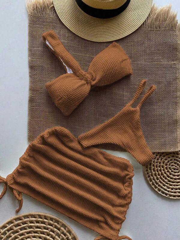 European & American Sexy One-Shoulder 3-Piece Ribbed Bikini Swimwear