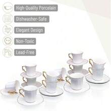 Coffee Bar Brew To A Tea White Espresso Cups With Saucers, Set Of 6 (2.4 Oz), Porcelain Turkish Coffee Cup Set With Gold Trim Design & Gift Box, Dishwasher Safe Room Decor - 白色 - 查看 5