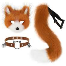 Faux Fur Fox Mask Wolf Cat Fluffy Tail And Leather Necklace Set Halloween Cosplay Party Costume Accessory, Rave - Multicolor - View 20