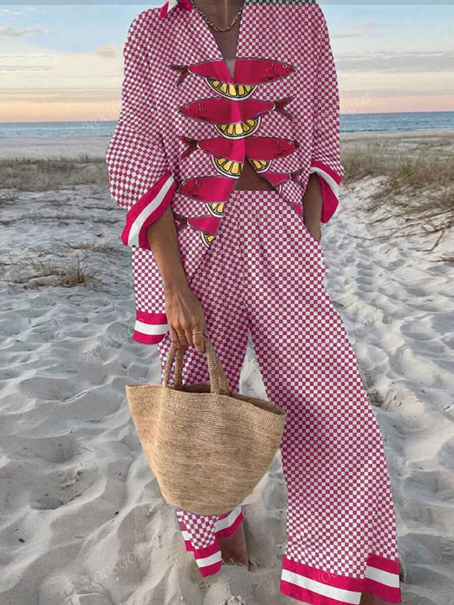 Conjunto de dos piezas de pantalones y blusa holgada con estampado a cuadros azul y blanco y estampado de limón y sardina, para vacaciones en la playa en primavera y verano