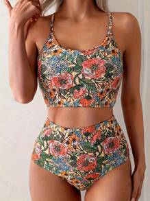 Women's High-Waisted Floral Bikini Set, Two-Piece Swimsuit With Vintage Print,Comfortable And Stylish Beachwea - 粉色 - 查看 3