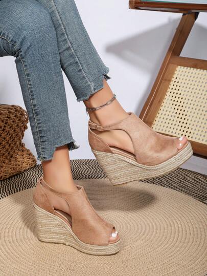 毛绒时尚露趾带扣高跟绳坡跟鞋封闭式鞋头女鞋