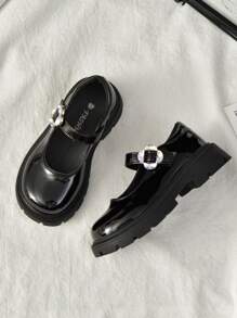 Girls Loafers & Oxford Princess Shoes With Diamond Buttons, Flat Black Leather Shoes For Children - Black - View 3
