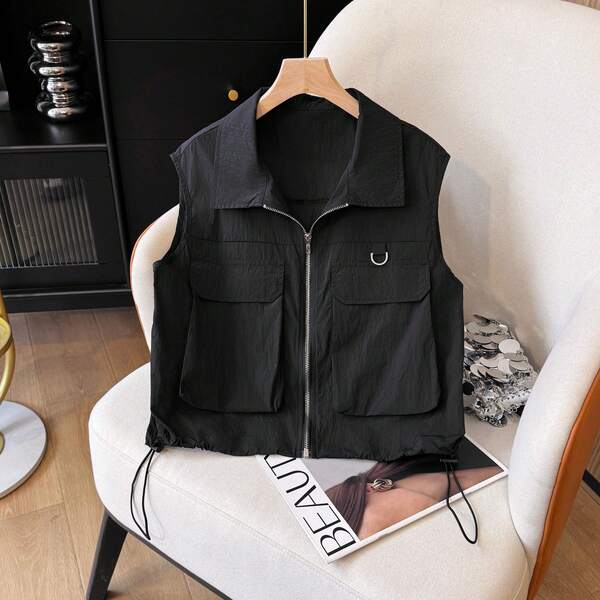 Veste sans manches légère, tissu tissé de couleur unie, fermeture à glissière, grandes poches, conception à simple couche, fine et confortable, printemps/automne