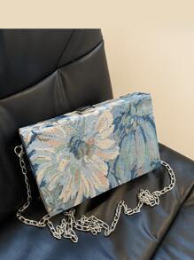 Embroidered Ladies Crossbody Bag With Metal Chain, Versatile Shoulder/Crossbody, Small Square Floral Print Pattern Box Design - Blue - View 4