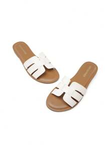 Women's Slide Sandals Slip-On Open Toe Strappy Design Flat Sandals Fashion Dress Casual Comfortable Summer Beach Walking Slides Shoes - 白色 - 查看 4