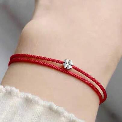 1pc Four-Leaf Clover Red Rope Braided Bracelet, Suitable For Daily Wear