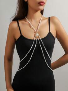 Graceful Multi-Layer Handmade (Faux) Pearl Woven Necklace/Shoulder Chain, Adjustable Length, Suitable For Party, Bikini Top, Beach Cover-Up And All Seasons - White - View 4