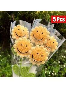 5PCS Handmade Crochet Sunflower, Eternal Artificial Woven Sunflower Flowers, Knitted Simutation SunFlowers, Preserved Flower, Best Gift For Birthdays, Weddings, Graduations, Father's Day & ,Teacher's Day. Suitable For Home Decor In Restaurant, Living Room, Bedroom,Holiday Gift & Party Decoration.