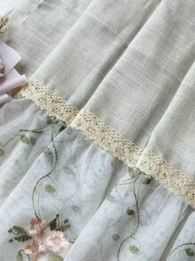 1pc Pink Floral Embroidery Semi Sheer Linen Cafe Curtain Retro Farmhouse Style Short Curtain For Kitchen Dining Room Window Rod Pocket Top