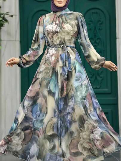 Abito elegante da donna con stampa all-over, maniche a lanterna, stile arabo, modesto, adatto per la primavera e le vacanze