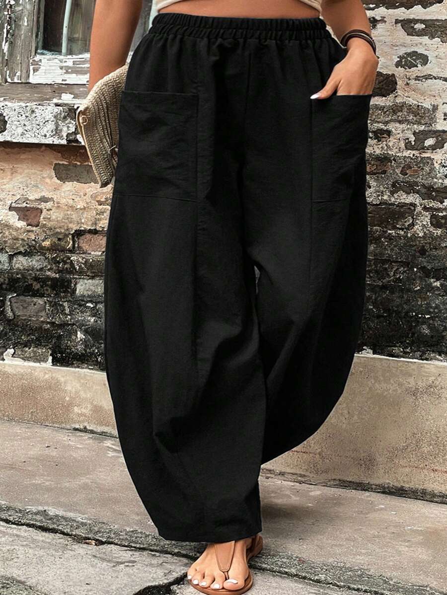 大码女式休闲宽松松紧腰裤，百搭度假休闲风格夏季时尚