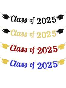 1 件金色/红色/蓝色/黑色闪光“2025 届”新毕业帽横幅旗帜，适用于毕业派对装饰 - 彩色 - 查看 1