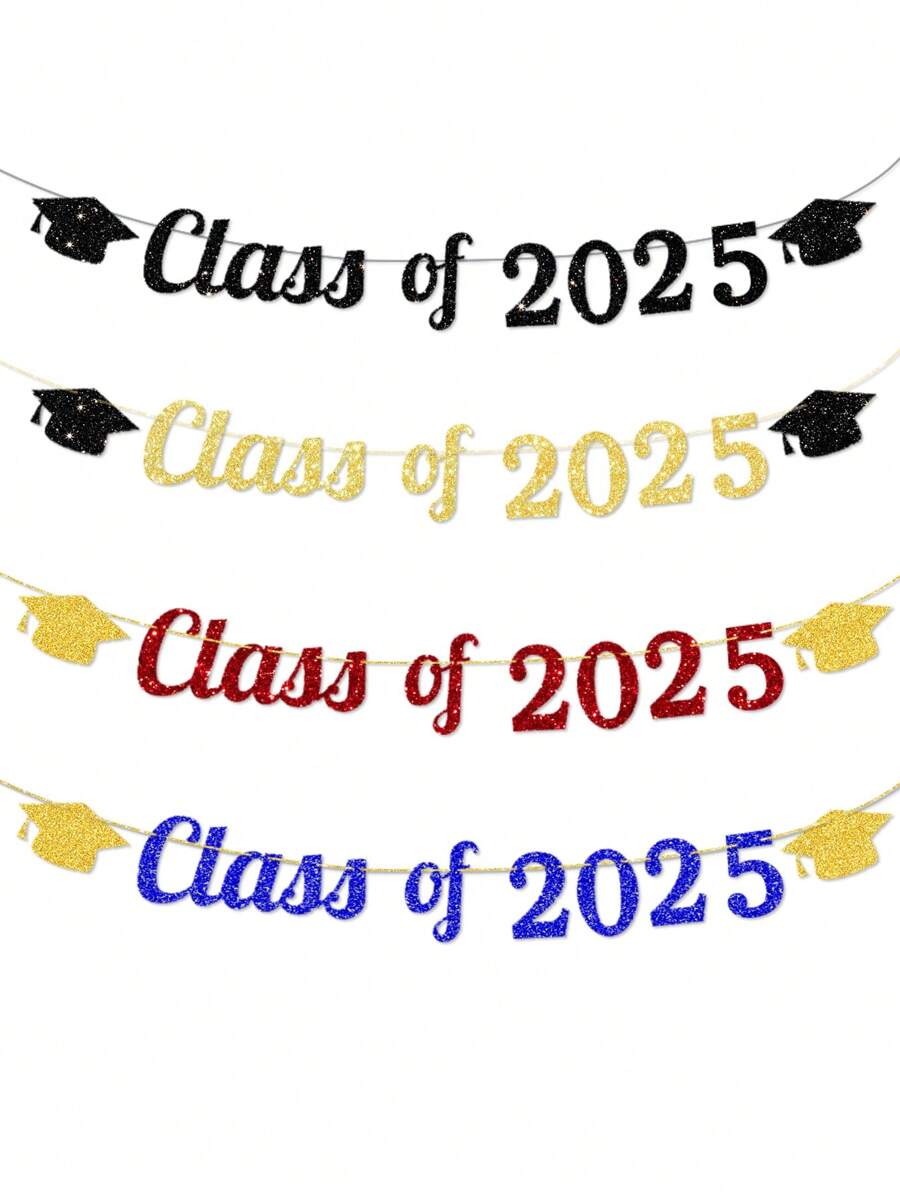 1 件金色/红色/蓝色/黑色闪光“2025 届”新毕业帽横幅旗帜,适用于毕业派对装饰 - 彩色 - 查看 1