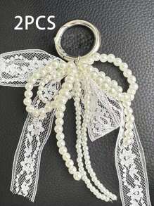 Y2K Cute Minimalist Fashion Beaded Faux Pearl Bow, Bow Ribbon, Multi-Functional DIY Keychain/Bag Charm Set, Suitable For Couples, Women, Girls And Best Friends For Daily Wear. An Ideal Gift For Holidays And Valentine's Day. - White - View 11