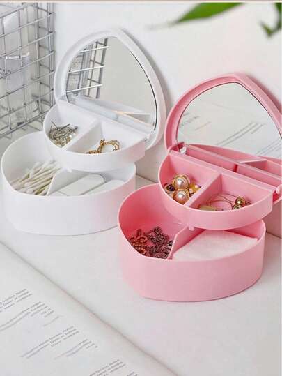 1pc/2pcs Double-Layer Heart-Shaped Jewelry Storage Box With Mirror, Heart-Shaped Jewelry Box, Candy-Colored Gift Box, Girls Desk Organizer Box, Makeup Mirror, Heart-Shaped Folding Mirror, Bathroom Storage Box, DIY Accessory Packaging Box, Valentine's Day Gift