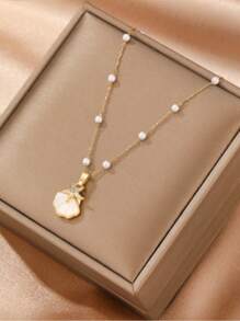 1 pieza Collar de cadena con perlas de color dorado y decoración de rhinestone con colgante minimalista de concha pequeña y estrella de mar para mujer
