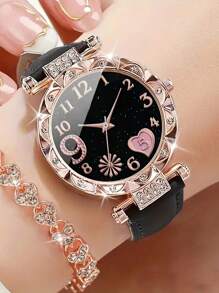2pcs/1set Elegant And Fashionable Watch For Women PU Leather Watch Straps Bracelet With Rhinestones Classic Casual Multifunctional Fashion Style Best Gifts