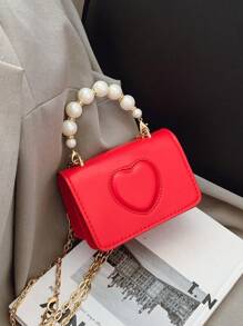 1pc Pu Magnetic Opening And Closing Square Bag Princess Style Exquisite Love Sweet Style Pearl Chain Crossbody Bag Cute Coin Purse Korean Style Versatile Shoulder Strap Casual Comfortable Smooth Long Versatile Suitable For Daily Shopping Travel Use - Heart Pearl Crossbody Bag - View 4