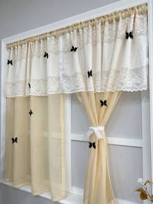 1pc Khaki Sheer Lace Curtain With Black Butterfly And Floral Pattern - Classic Princess Style, Suitable For Kitchen, Small Windows, Cafes And Door Decoration, Sheer And Washable With Rod Pocket