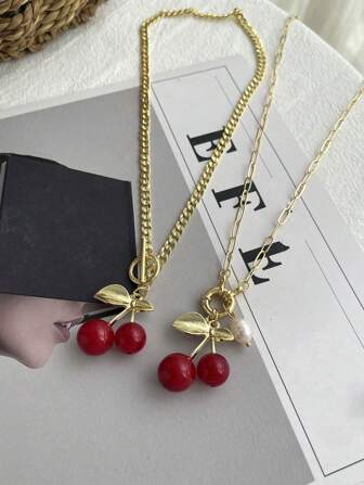 1pcY2K Creative Fashion Sweet Cool Elegant Wind Copper Oil Drops Cherry Fresh Water Pearl Copper Ot Buckle Pendant Necklace Women's Jewelry Gift Suitable For Daily Party Party Holiday Wear