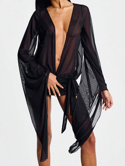 Women Mini Dress, Long Sleeve V Neck Backless Solid Color Sheer Dress Cocktail Dress