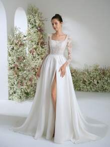 Elasola Glamorous Square Neck Beaded Lace Floral Lace Patchwork Satin Split Thigh Garden Party Sheer Long Sleeve Palace Style Wedding Dresses For Bride With Train