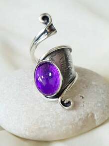 1 件复古时尚不对称合金水钻可调节开口戒指，多色 - 復古銀色 - 查看 5