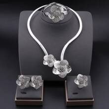 1 Set Gold Plated Crystal Flower Shaped Necklace, Earrings, Bracelet And Ring Jewelry Set, Suitable For Women For Weddings, Parties, Daily Wear, And Gifts. Valentines,Mom,Mother,Mother's Day,Gift