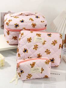 1 PC Pink Striped Bear Make Up Bag,Halloween,Trick Or Treat,Fashionable And Casual Large Capacity Portable Zipper Makeup Bags,Travel Storage Stationery Storage,Vacation Essentials Cosmetic Bags For Pouch Pads,Wired Earphones,Earpods,Headphones,Charger,Lipsticks,Cosmetics,Perfume,Skin Care And Beauty Products,Home Decor,For Mom,Women,Nurses,Students,School Girls,Keys,Holiday Gifts
