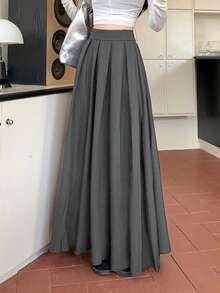 女士休闲褶皱 A 字形长裙 - 灰色 - 查看 3