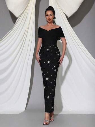 Modphy Nouă rochie de bandaj lungă, cu stras, fără spate, înfrumusețată cu strasuri, rochie de seară formală pentru femei pentru banchet, petrecere, nuntă, rochie pentru invitați de nuntă