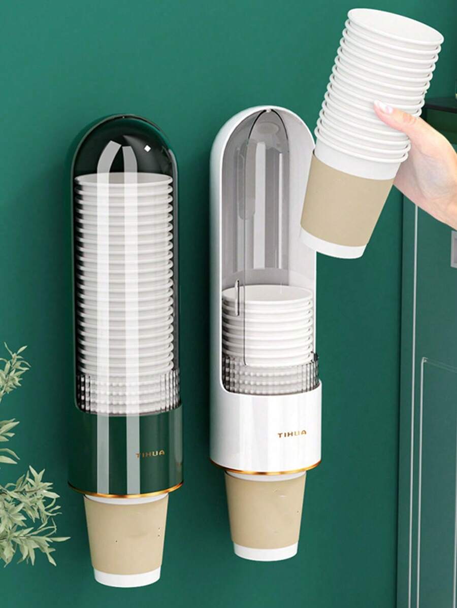 1 pieza Dispensador de vasos de papel desechables de tipo de extracción, soporte plástico para vasos, organizador de almacenamiento anti-polvo para oficina y hogar