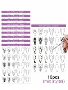 10 件装可重复使用美甲描摹练习卡按压式美甲练习卡适合初学者美甲训练卡展示卡板指甲设计绘画练习板美甲沙龙配件工具 - 彩色 - 查看 7