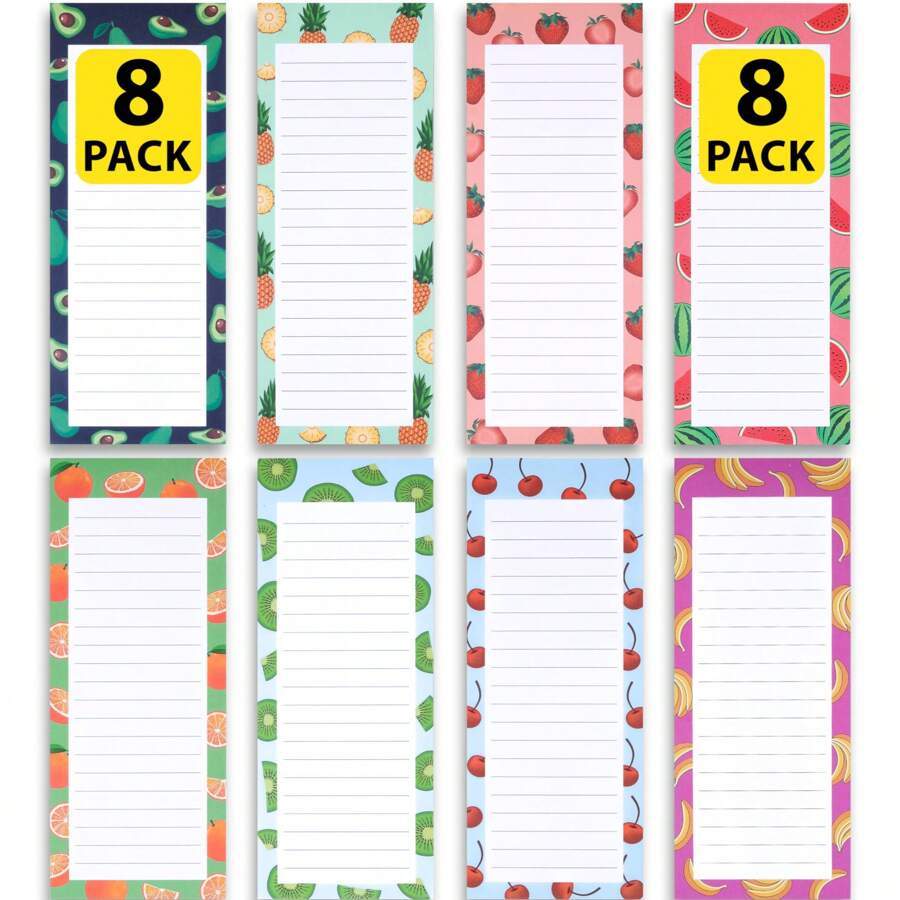 Bộ 1/2/3/4/8 cuốn sổ tay từ tính kích thước 7.5*3.5 inch, có thể gắn từ tính vào tủ lạnh và các bề mặt từ tính khác để ghi danh sách mua sắm, danh sách việc cần làm, lời nhắc nhở. Mặt sau có chun co giãn với họa tiết trái cây sống động. Mỗi bộ gồm 25 tờ (màu sắc và kiểu dáng ngẫu nhiên), thích hợp cho trường học và sử dụng theo mùa.
