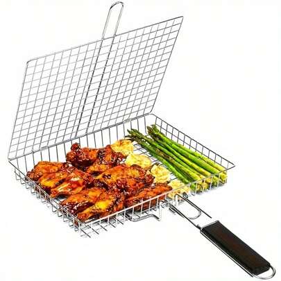 Collapsible Barbecue Basket, Outdoor Cooking Tool & Accessories, BBQ Basket, Deep Large Capacity, Detachable Handle, For Grilling Chicken, Fish, Shrimp, Vegetables, Kitchen Gadgets, Outdoor BBQ Supplies