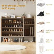 GOCAPTAIN 46IN Shoe Cabinet With Rattan Doors,Shoe Storage Organizer,Adjustable Shelves,Freestanding 7-Tier Shoe Storage Cabinet For Entryway,Hallway,Living Room,White,Rattan Shoe Cabinet With 3 Doors - Gỗ & lưng nguyên bản - Xem 2