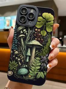 1pc Black Mushroom World Pattern Full Cover Phone Case, Compatible With Apple IPhone 16, 15, 14, 13, 12, 11 Pro Max, Also Fit For Series