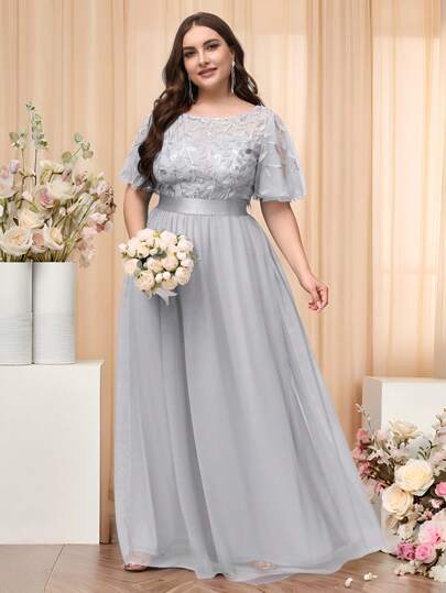 EVERPRETTY فستان سهرة أنيق من الشبك والترتر الرمادي لحفلات الزفاف والحفلات والعرائس