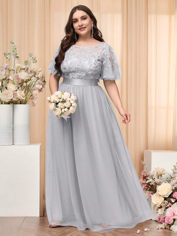 EVERPRETTY فستان سهرة أنيق من الشبك والترتر الرمادي لحفلات الزفاف والحفلات والعرائس