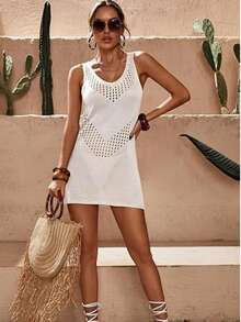 Ausgefallenes geometrisches Muster Strick Überzugkleid, Damen ärmelloses Strick Tankkleider Mini Strandkleid für Frühling/Sommer Urlaub