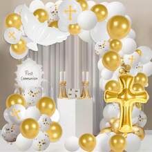 135pcs First Decorations Balloons Set, God Bless White Gold Baptism Balloons Arch For First Holy Decorations Christening Baptism Party Supplies