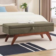 46英寸储物凳，泰迪熊/PU皮革软垫床尾凳，适用于小空间，紧凑型储物玄关长凳，带木腿的卧室长凳，卧室窗台长凳，适合返校宿舍储物