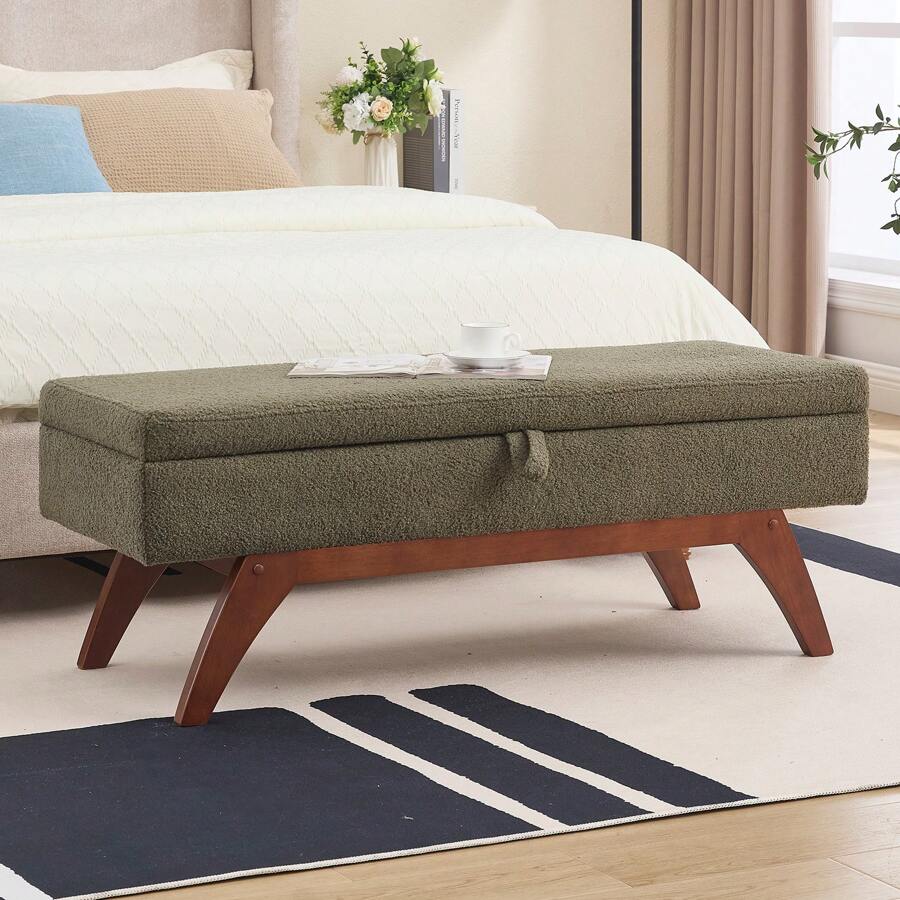 46英寸储物凳，泰迪熊/PU皮革软垫床尾凳，适用于小空间，紧凑型储物玄关长凳，带木腿的卧室长凳，卧室窗台长凳，适合返校宿舍储物