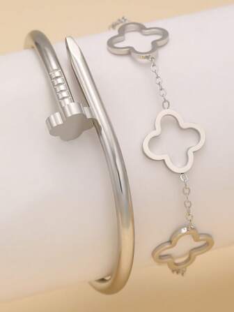 2pcs Fashionable Luxury Clover Nail Bracelet Set, Versatile Stainless Steel Bangle Bracelets For Women, Suitable For Daily Wear And Gifts